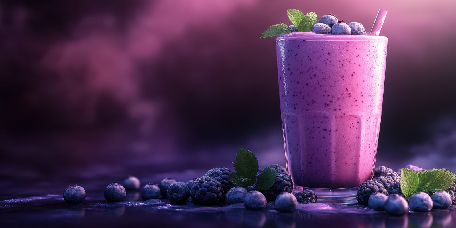 Delicious berry smoothie served in a glass with fresh blueberries and mint leaves on a dark background